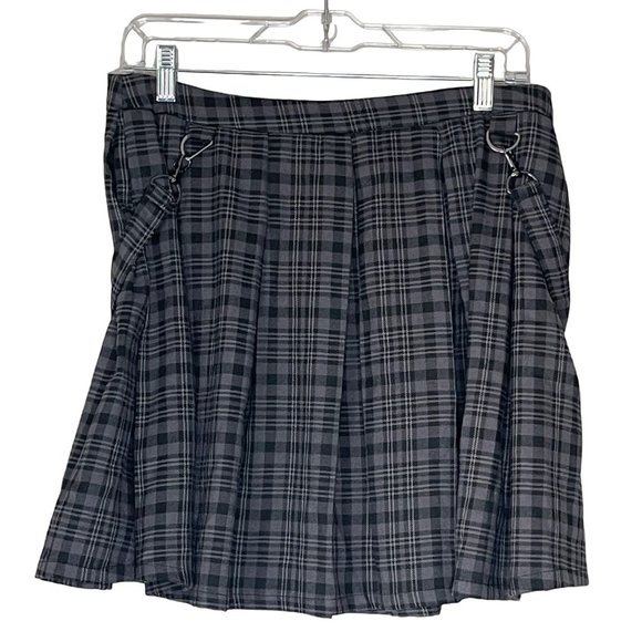 Hot Topic Black & Grey Plaid Pleats Removeable Suspender Skirt Juniors Large - Picture 2 of 6